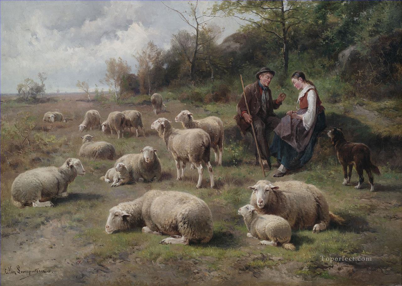 Cornelis van Leemputten Schäferpaar mit Herde Schaf Ölgemälde